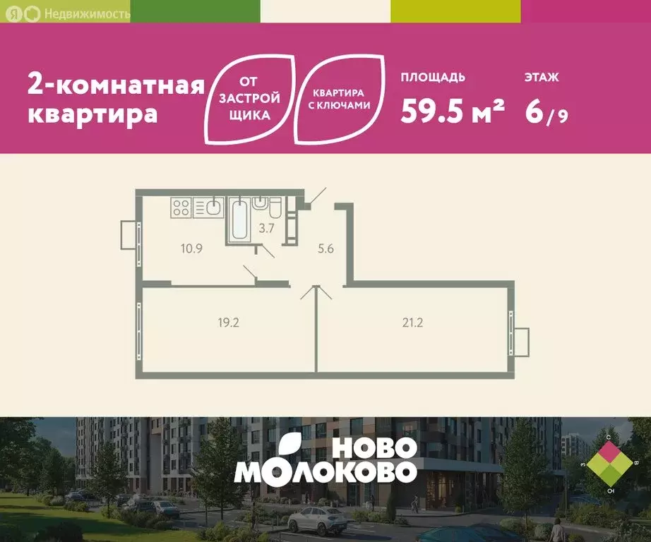 2-комнатная квартира: посёлок городского типа Молоково, жилой комплекс ... - Фото 1