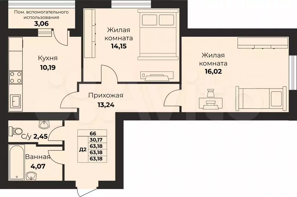 2-к. квартира, 63,2 м, 4/9 эт. - Фото 0