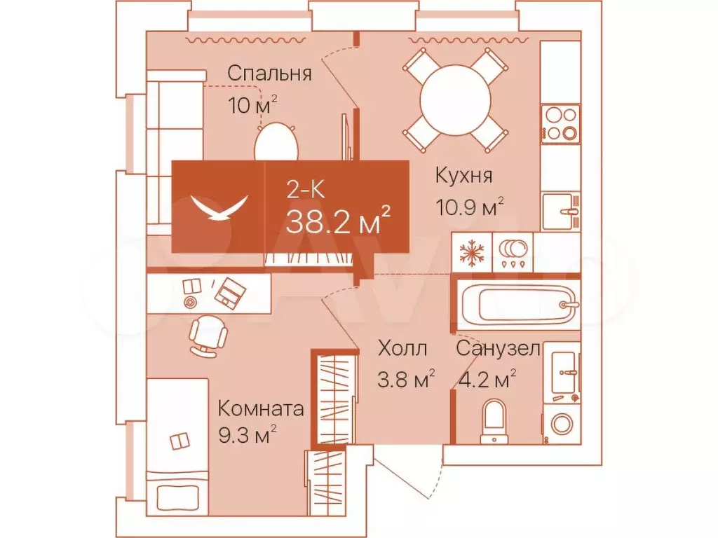 2-к. квартира, 38,2 м, 10/16 эт. - Фото 0