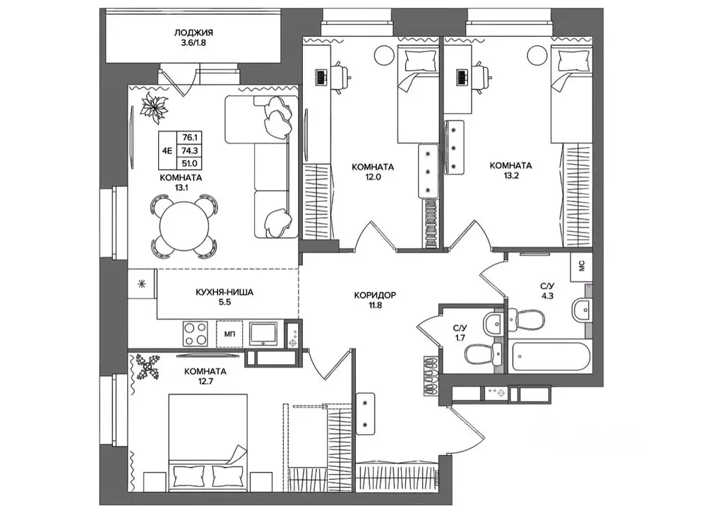 4-к кв. Пермский край, д. Кондратово  (76.1 м) - Фото 0