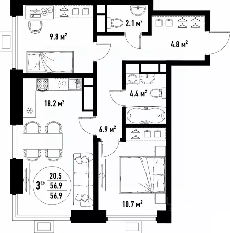 3-к кв. Астраханская область, Астрахань ул. Бэра, 29 (56.9 м) - Фото 1