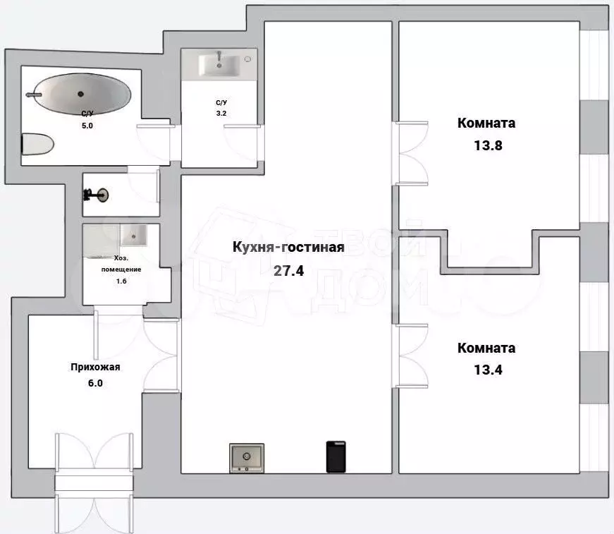 2-к. квартира, 70,4 м, 4/5 эт. - Фото 0