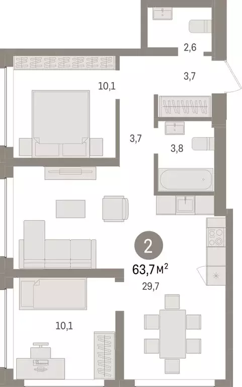 2-комнатная квартира: Тюмень, Урайская улица (63.72 м) - Фото 1