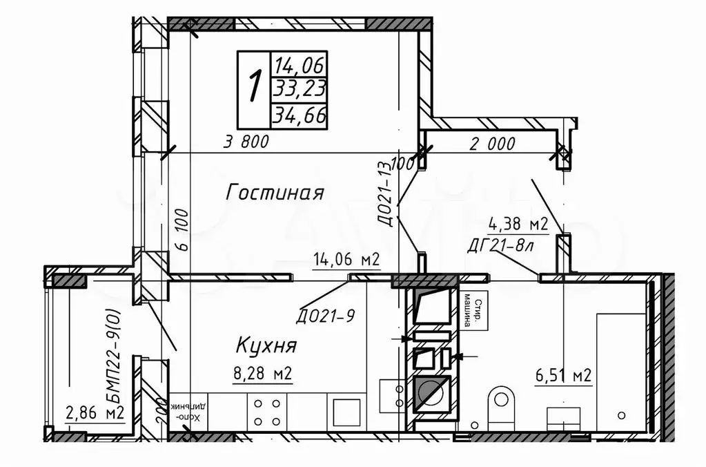 1-к. квартира, 34,5 м, 4/9 эт. - Фото 0