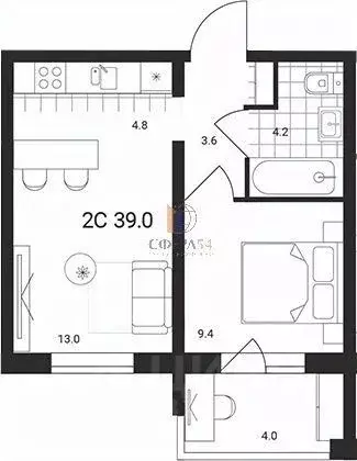 2-к кв. Новосибирская область, Обь Геодезическая ул., 6Вк2 (39.0 м) - Фото 0