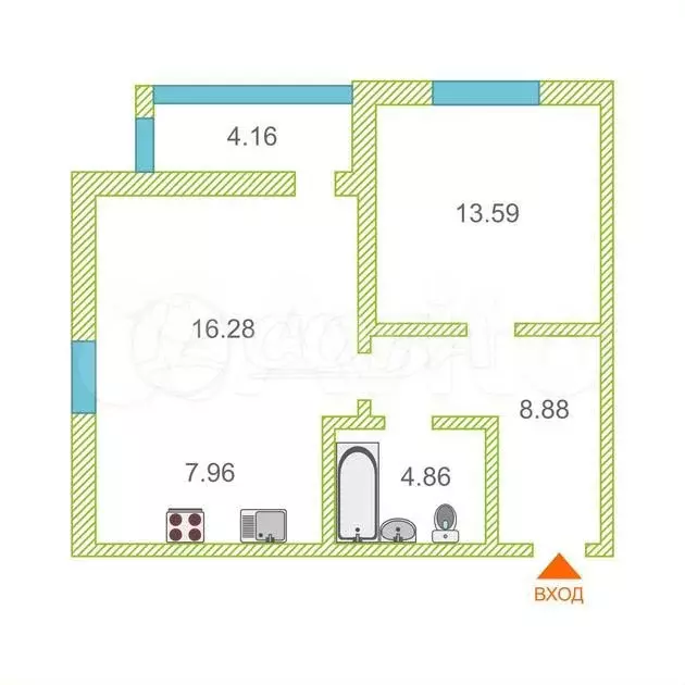 1-к. квартира, 52 м, 2/4 эт. - Фото 0