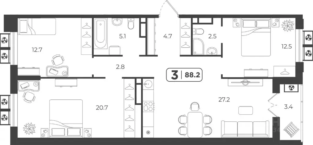 3-к кв. Тюменская область, Тюмень  (89.31 м) - Фото 0
