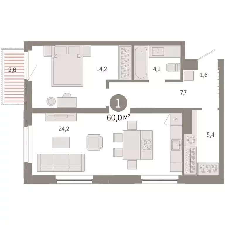 1-комнатная квартира: Тюмень, Мысовская улица, 26к2 (59.95 м) - Фото 1