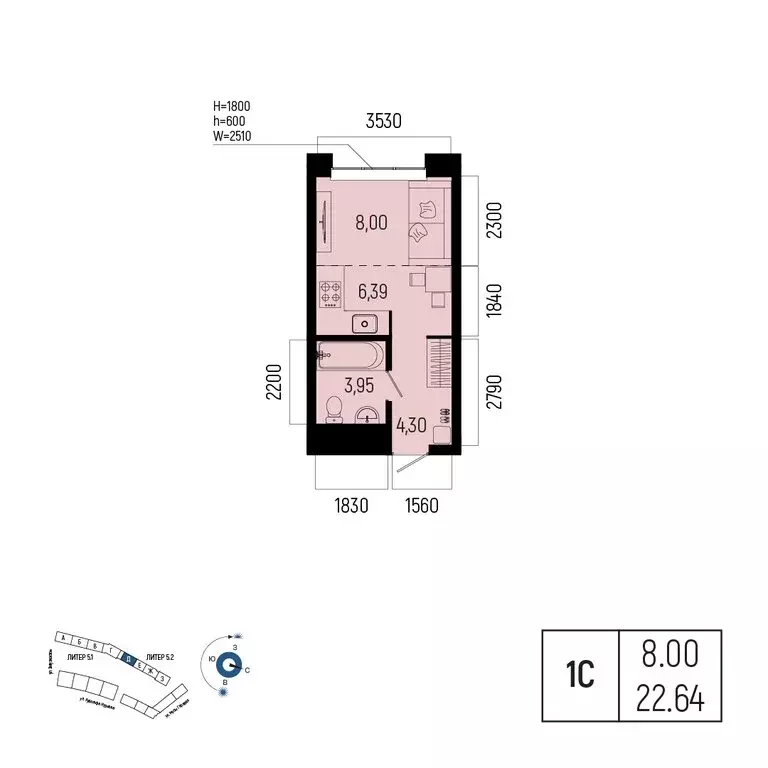 1-комнатная квартира: Уфа, улица Рудольфа Нуреева, 7 (22.64 м) - Фото 1