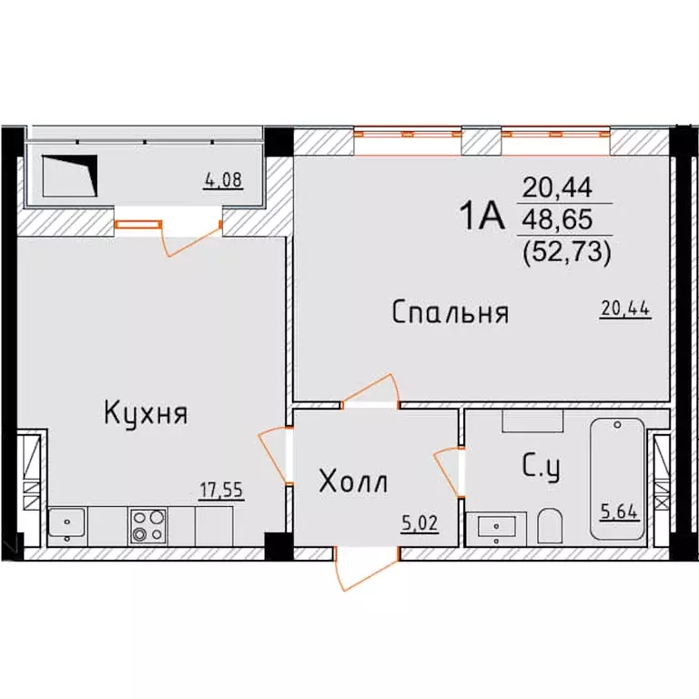 1-к квартира, 52.73 м - Фото 0