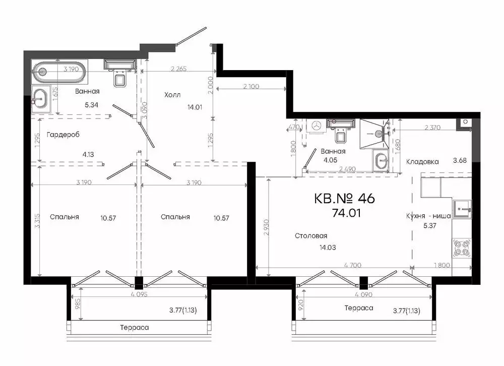 2-комнатная квартира: Казань, ЖК Яналиф (74.01 м) - Фото 1