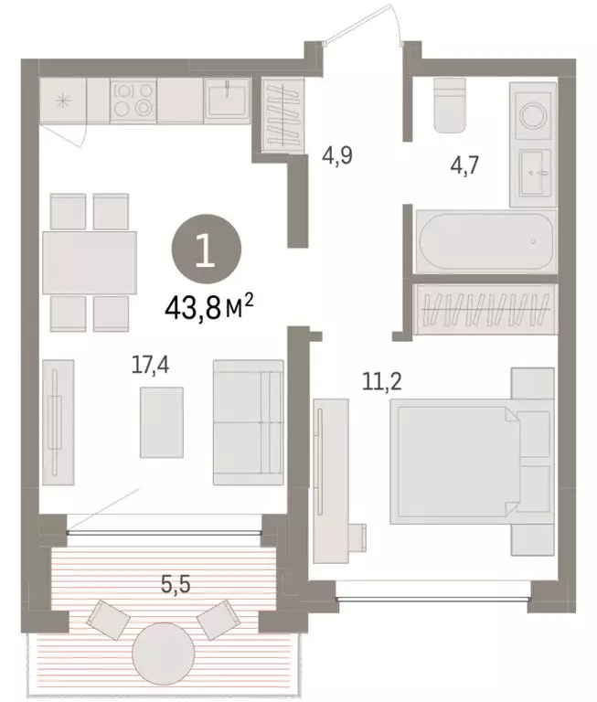 1-комнатная квартира: Тюмень, ЖК Дом у Озера (43.76 м) - Фото 2