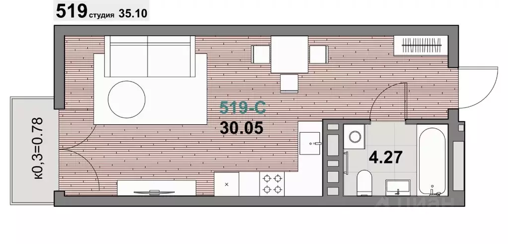 1-к кв. Калининградская область, Зеленоградск ул. Гагарина (35.1 м) - Фото 1