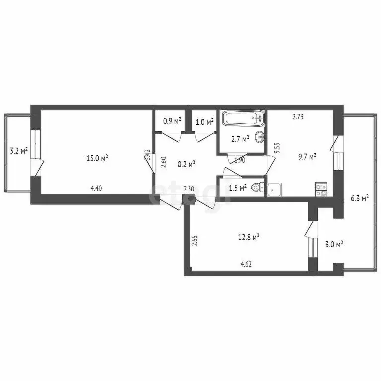 2-комнатная квартира: Заозёрное, Зелёная улица, 11 (51 м) - Фото 1