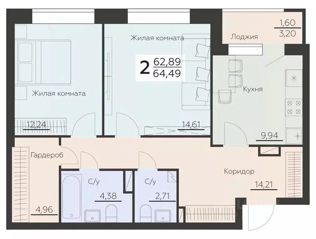 2-к кв. Воронежская область, Воронеж Ленинградская ул., 29Б (64.49 м) - Фото 0