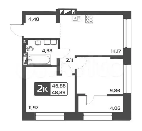 2-к. квартира, 48,9 м, 2/25 эт. - Фото 0