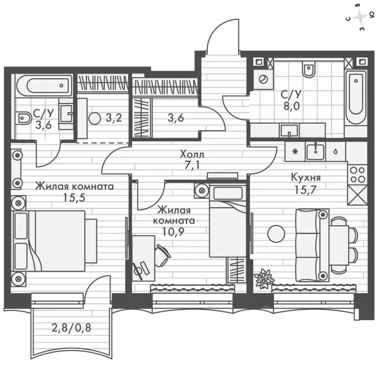 2-к кв. Нижегородская область, Нижний Новгород Черниговская ул. (68.4 ... - Фото 2