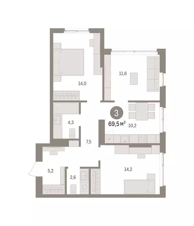 3-комнатная квартира: Пермь, микрорайон Крохалева (69.48 м) - Фото 2