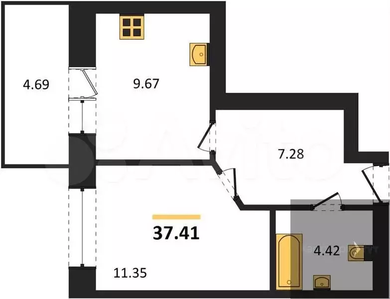 1-к. квартира, 37,4 м, 9/9 эт. - Фото 0