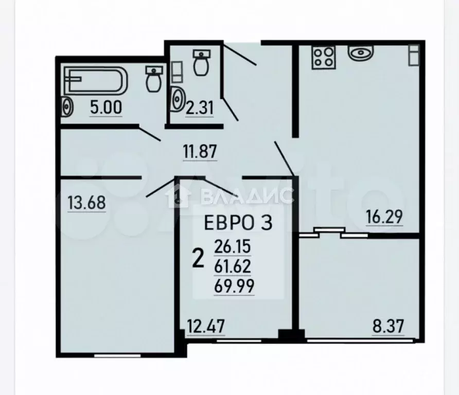 2-к. квартира, 70 м, 3/17 эт. - Фото 0
