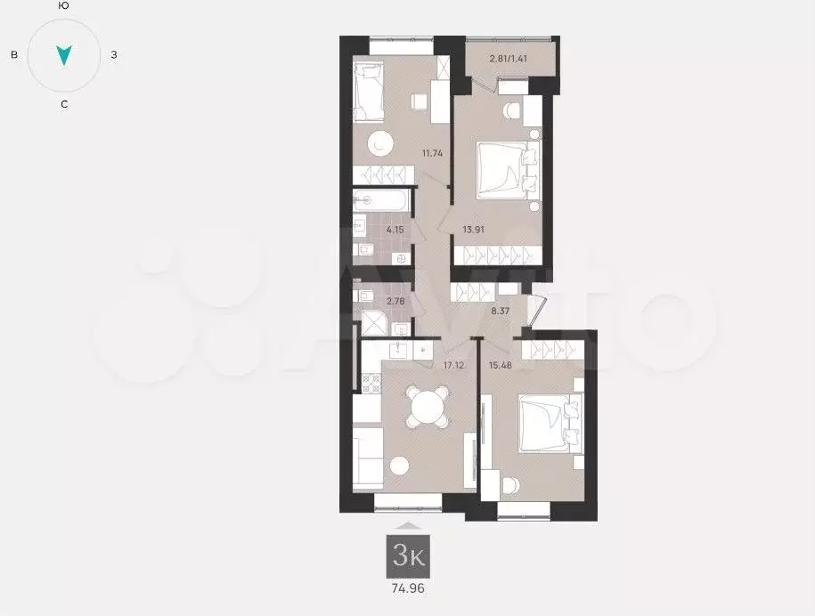 3-к. квартира, 75 м, 1/9 эт. - Фото 1