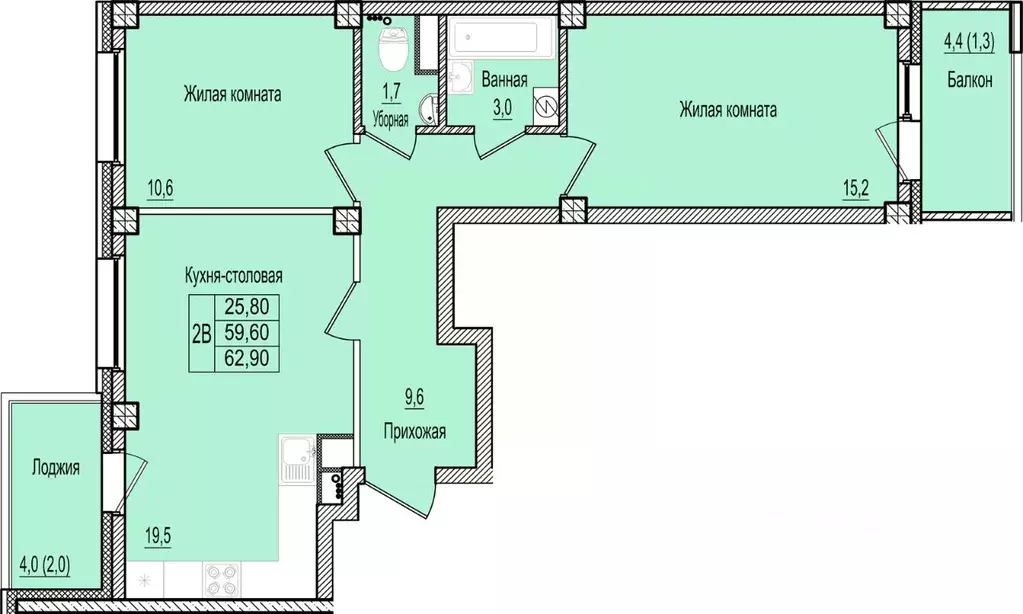 2-к кв. Псковская область, Псков Крестовский жилой комплекс (62.9 м) - Фото 1
