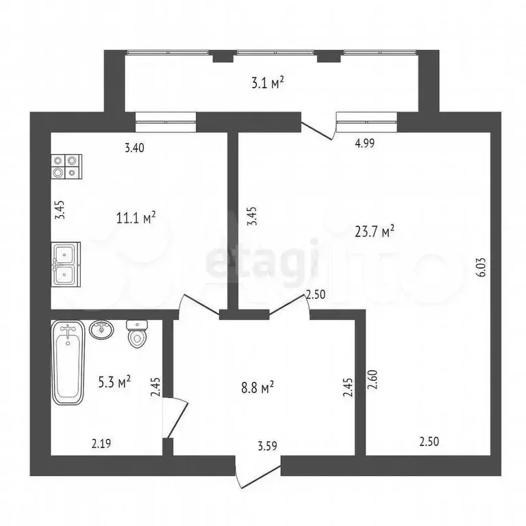 1-к. квартира, 49,5 м, 2/5 эт. - Фото 0