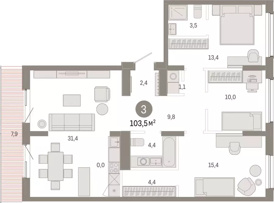 3-комнатная квартира: Омск, Кировский округ (103.49 м) - Фото 1