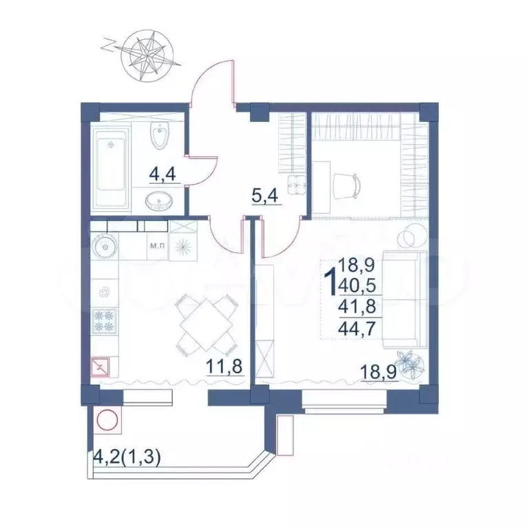 1-к. квартира, 44,7 м, 8/9 эт. - Фото 0