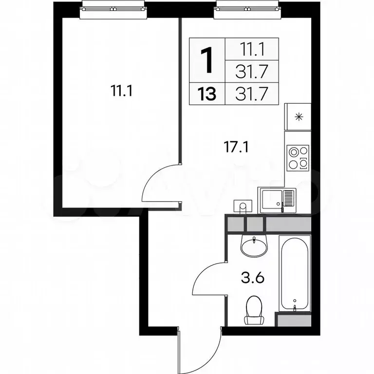 1-к. квартира, 31,7 м, 2/4 эт. - Фото 0