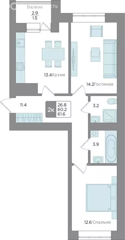 Квартира-студия: Калининград, Новгородская улица, 3Ак6 (60.2 м) - Фото 2