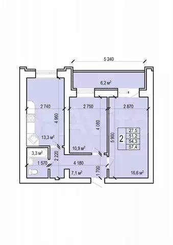 2-к. квартира, 57,4 м, 1/10 эт. - Фото 0