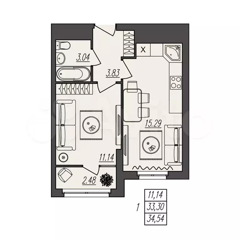 1-к. квартира, 34,5 м, 3/17 эт. - Фото 0