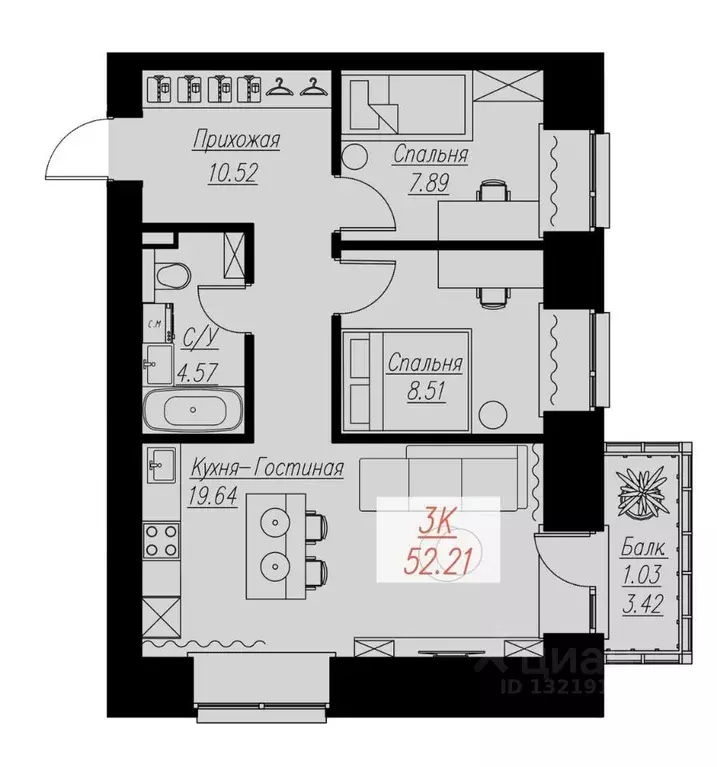 2-к кв. Красноярский край, Красноярск Семафорная ул., 441а (52.21 м) - Фото 0