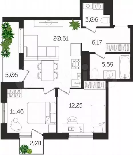 3-к. квартира, 66м, 3/4эт. - Фото 1