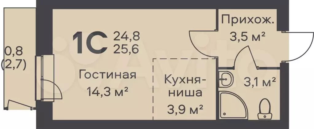 Квартира-студия, 25,6 м, 5/6 эт. - Фото 0