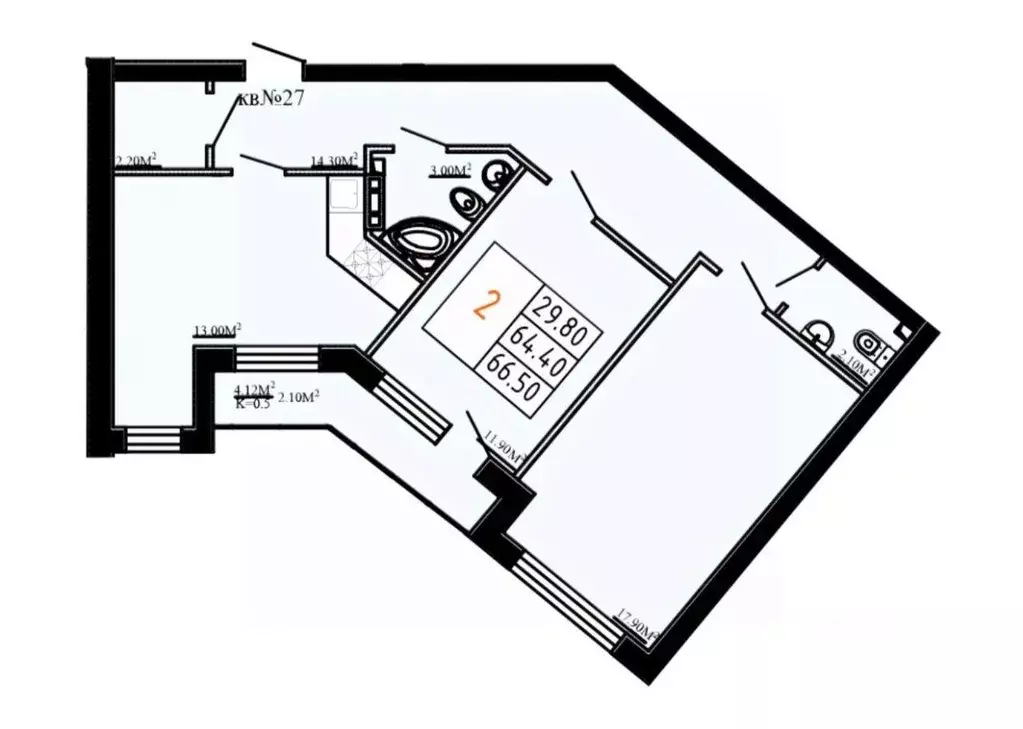 Квартира, 2 комнаты, 66.5 м - Фото 1