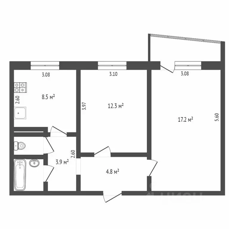 2-к кв. Тюменская область, Тюмень ул. 50 лет Октября, 54 (50.3 м) - Фото 1