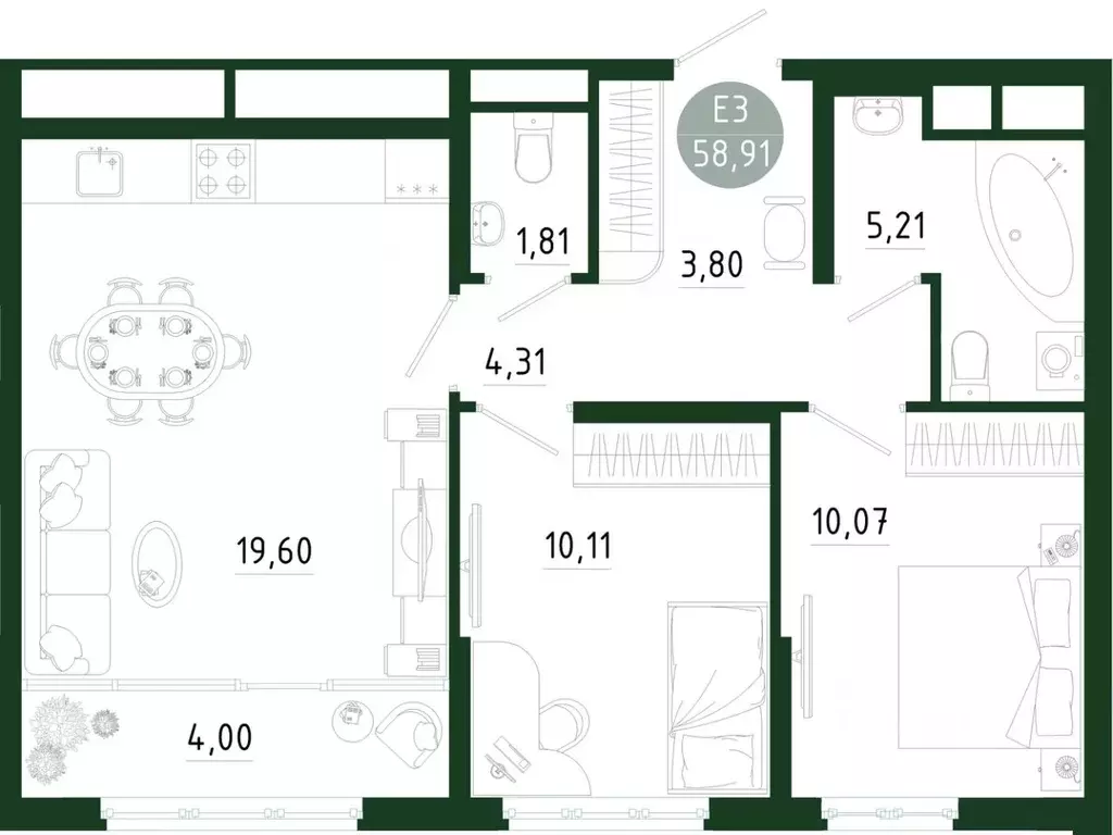 2-к кв. Тульская область, Тула Платон Парк жилой комплекс (58.91 м) - Фото 1