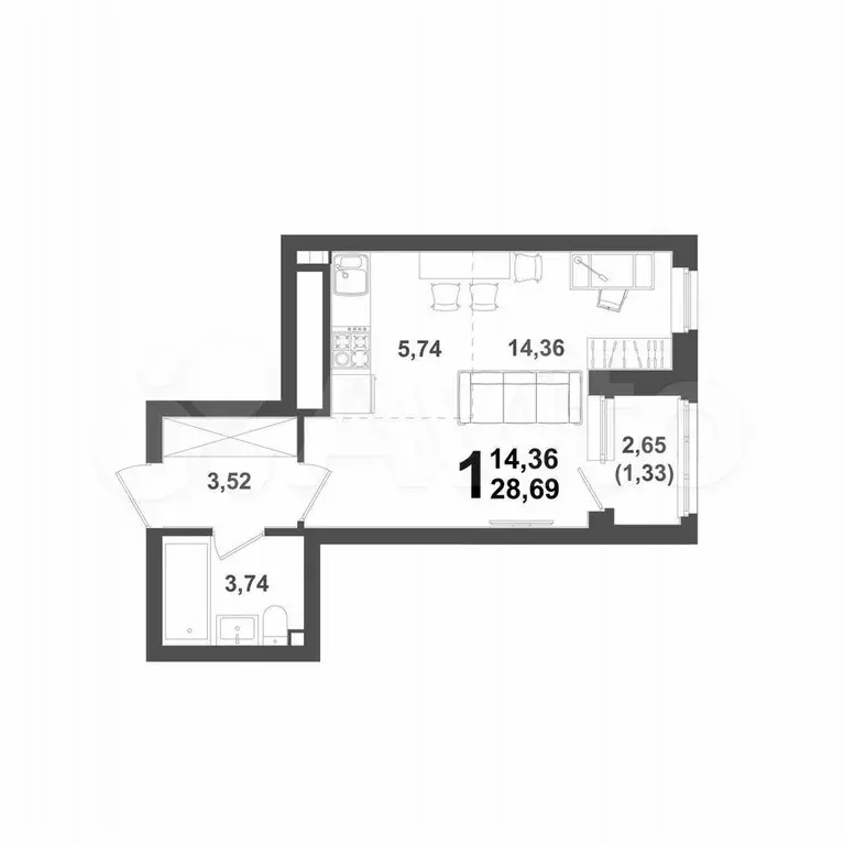 Квартира-студия, 28,7 м, 13/21 эт. - Фото 1