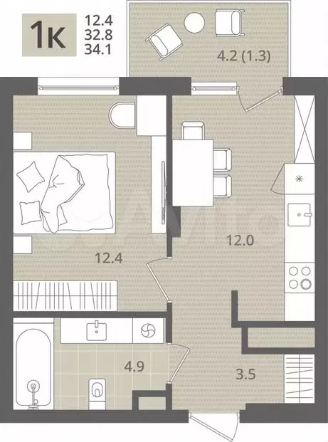 1-к. квартира, 34,1 м, 6/7 эт. - Фото 1