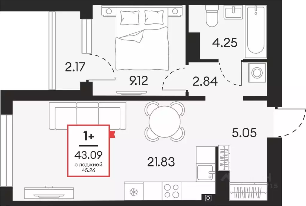 1-к кв. Ханты-Мансийский АО, Сургут 37-й мкр,  (43.09 м) - Фото 0