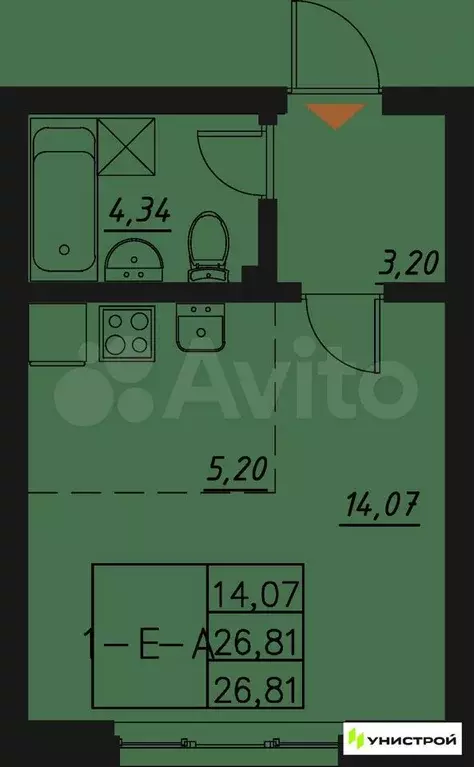 Квартира-студия, 26,8м, 2/20эт. - Фото 0