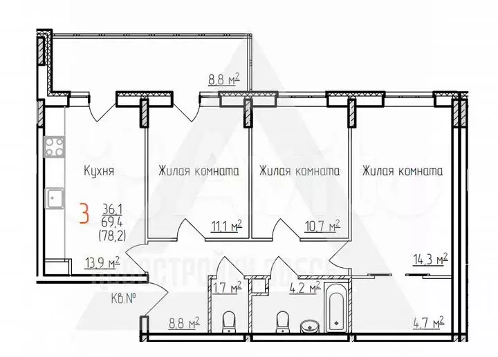 3-к. квартира, 78,2 м, 3/17 эт. - Фото 1