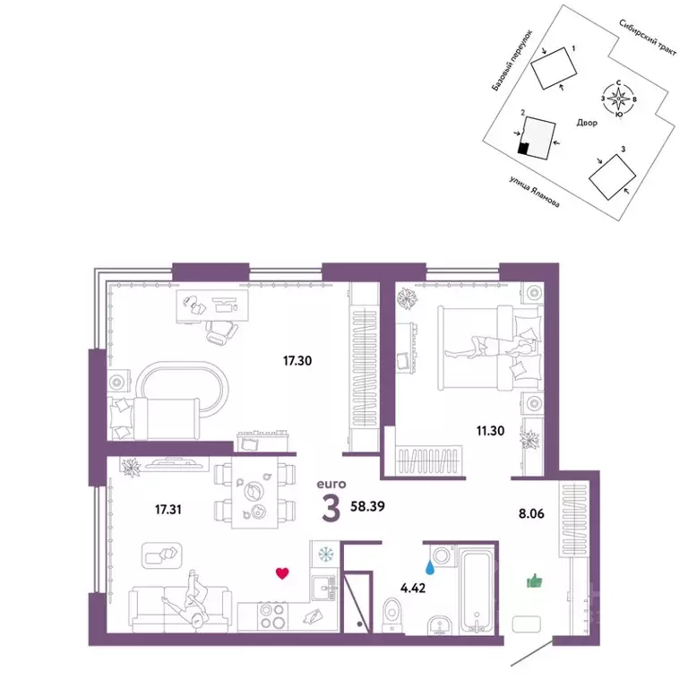 3-к кв. Свердловская область, Екатеринбург тракт Сибирский, 24Д (58.39 ... - Фото 1