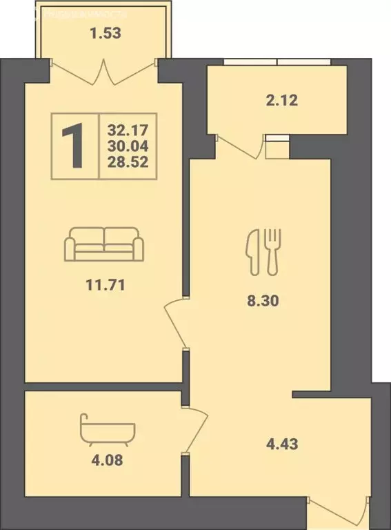1-комнатная квартира: Пионерский, улица Гептнера, 17 (32.17 м) - Фото 0