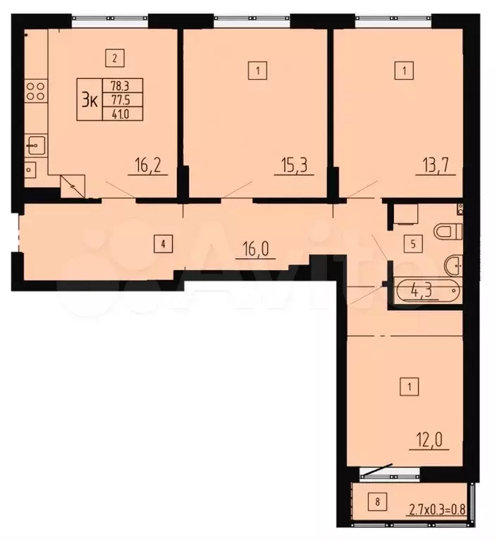 3-к. квартира, 78,3 м, 1/8 эт. - Фото 1