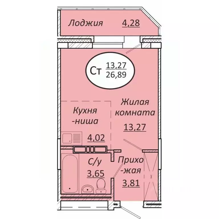 Студия Новосибирская область, Новосибирск  (26.89 м) - Фото 0