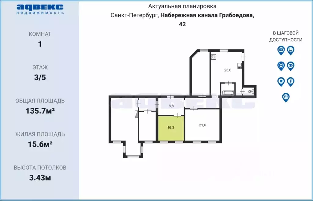 Комната Санкт-Петербург наб. Канала Грибоедова, 42 (15.6 м) - Фото 1