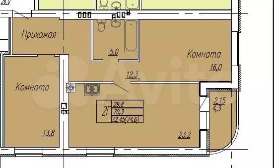 2-к. квартира, 72,6 м, 7/9 эт. - Фото 1